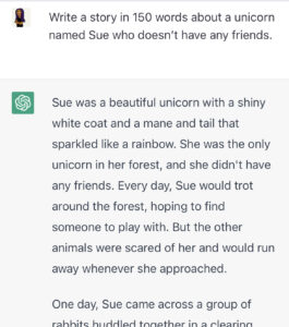 ChatGPT prompt and result on Sue the unicoen
