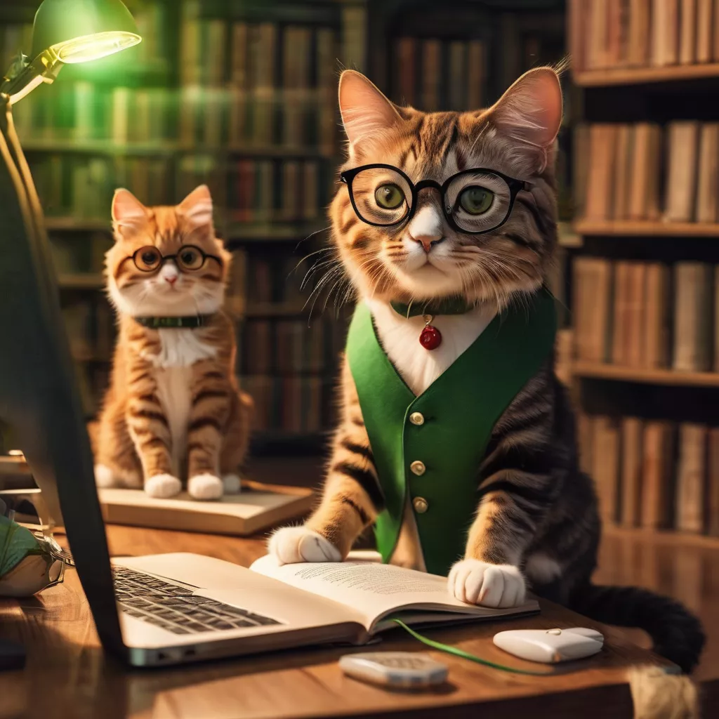 Prompt: cute cats with reading glasses sitting in front of computers with quills in their paws against background of library shelves dark room green reading lamps high definition