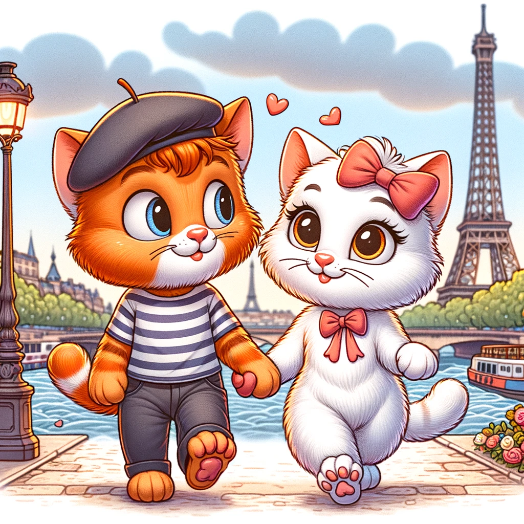 Two cartoon cats in love, strolling along the Seine River in Paris, with the Eiffel Tower in the background. The male cat is orange with stripes, wearing a small beret, and the female cat is white with fluffy fur, wearing a cute bow. They are holding paws, looking at each other affectionately. The scene is colorful, whimsical, and captures a romantic, charming essence of Paris.