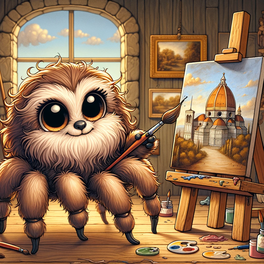 a cute comic style tarantula standing in front of an easel painting a picture