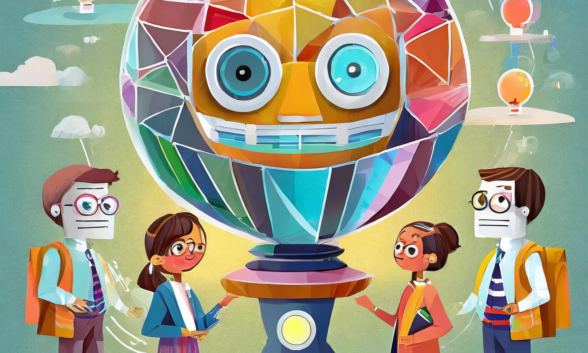 a group of diverse teachers are peering into a crystal ball that is a robot's head and guessing about the future in view of technological innovation. style cartoon, colourful avatars some are smiling some are frowning